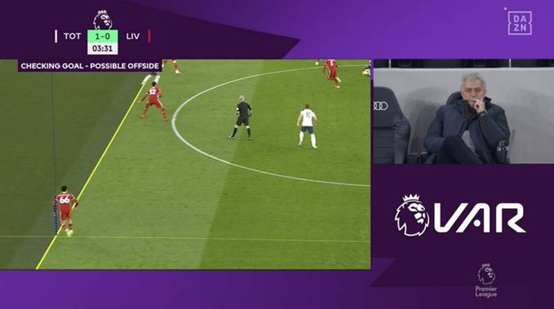 Imagen del Gol anulado a Son en Tottenham vs Liverpool