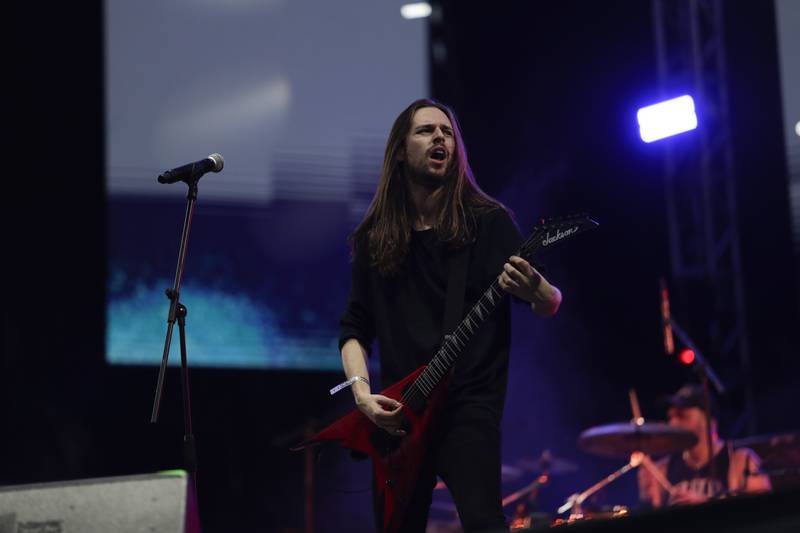 Evile, de Reino Unido, durante su presentación en el Festival Rock al Parque en Bogotá.