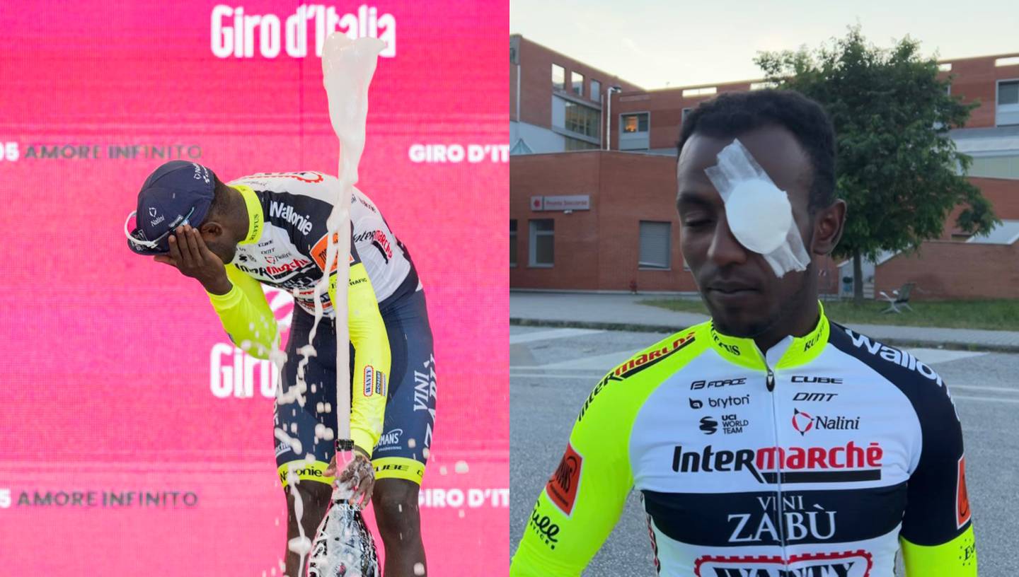 Girmay, cerca de decir adiós al Giro por el fuerte golpe en su ojo con el corcho