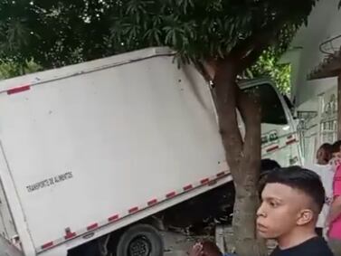 Ni en las películas: camión arrastró cuatro motos y quedó colgado de un árbol en Barranquilla