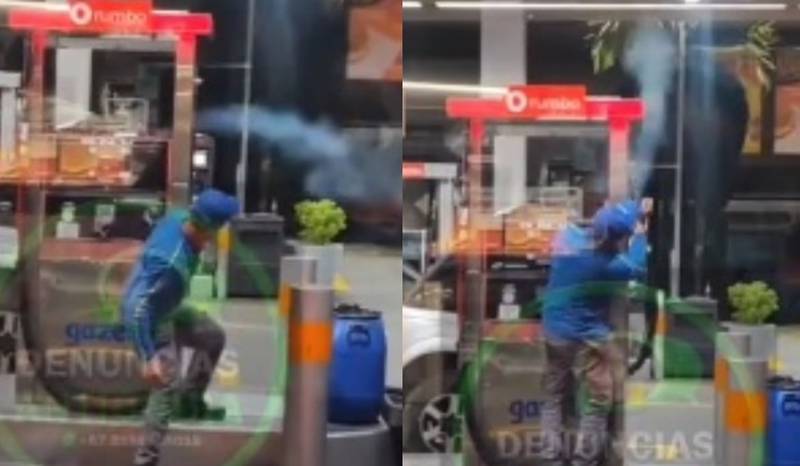 Video de una manguera fuera de control en bomba de gasolina.