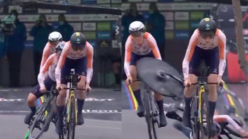 Annemiek van Vleuten se cayó en la prueba de relevos mixtos del Mundial de Ciclismo de Ruta.