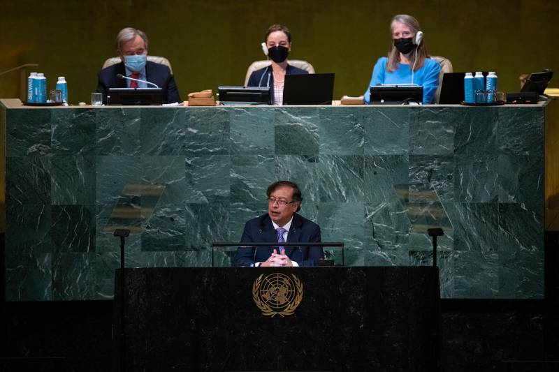 El presidente colombiano Gustavo Petro en su primera intervención ante las Naciones Unidas, 20 de septiembre de 2022.