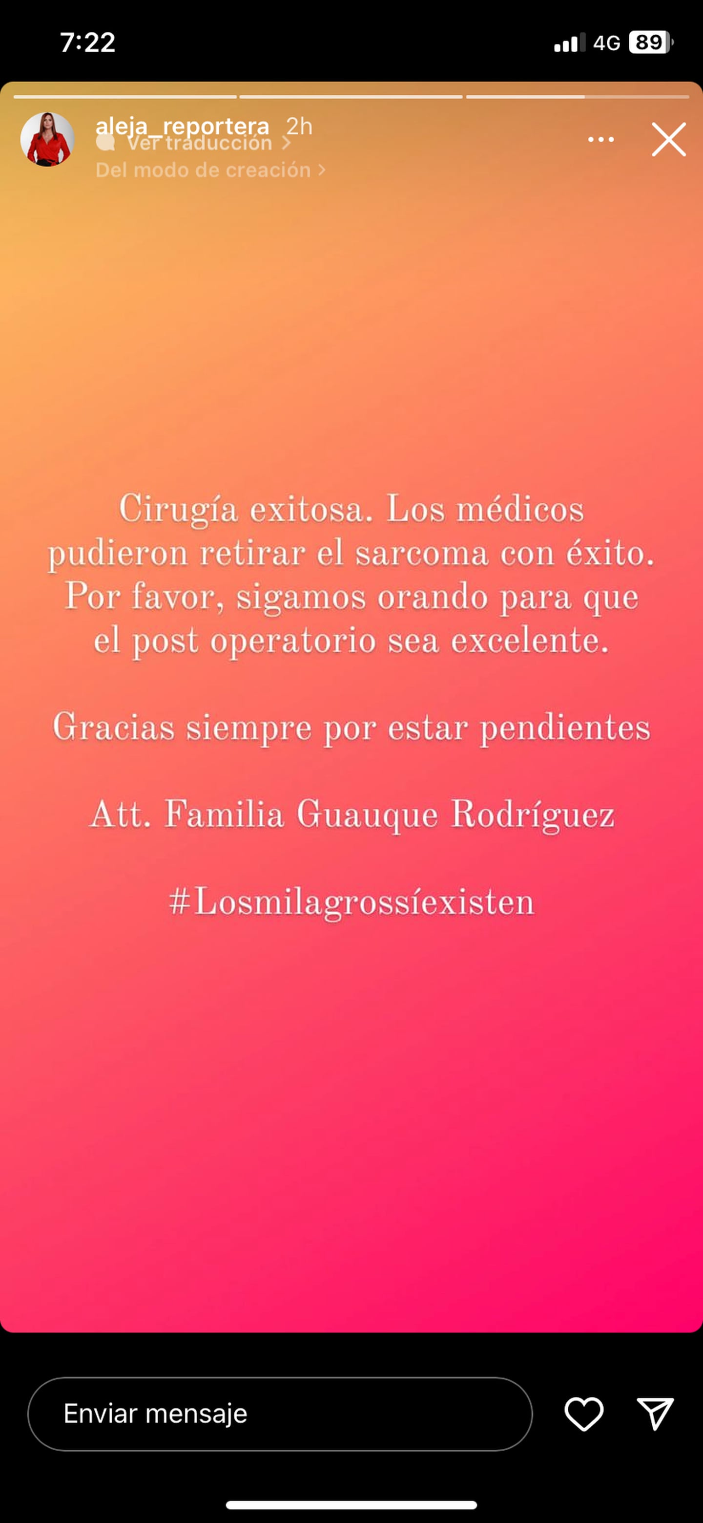 Instagram de esposa de Diego Guauque hablando de su cirugía