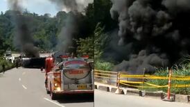 Dos personas heridas deja camión cisterna que se volcó e incendió en vía nacional