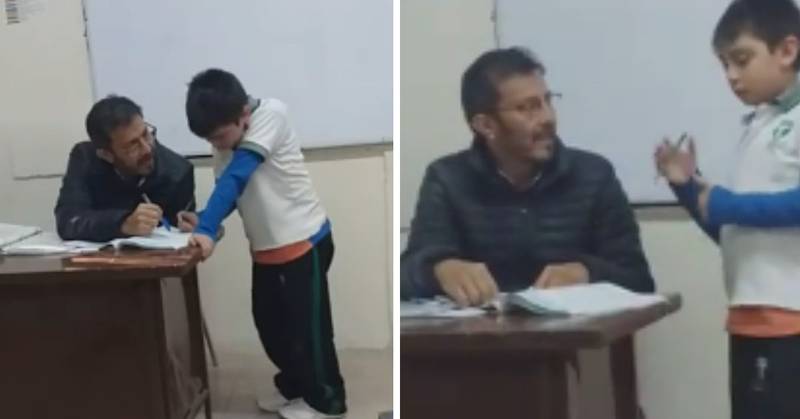 El profesor que les imparte clases, muy amablemente se tomó el tiempo para ayudar al hijo de su alumna con la tarea.