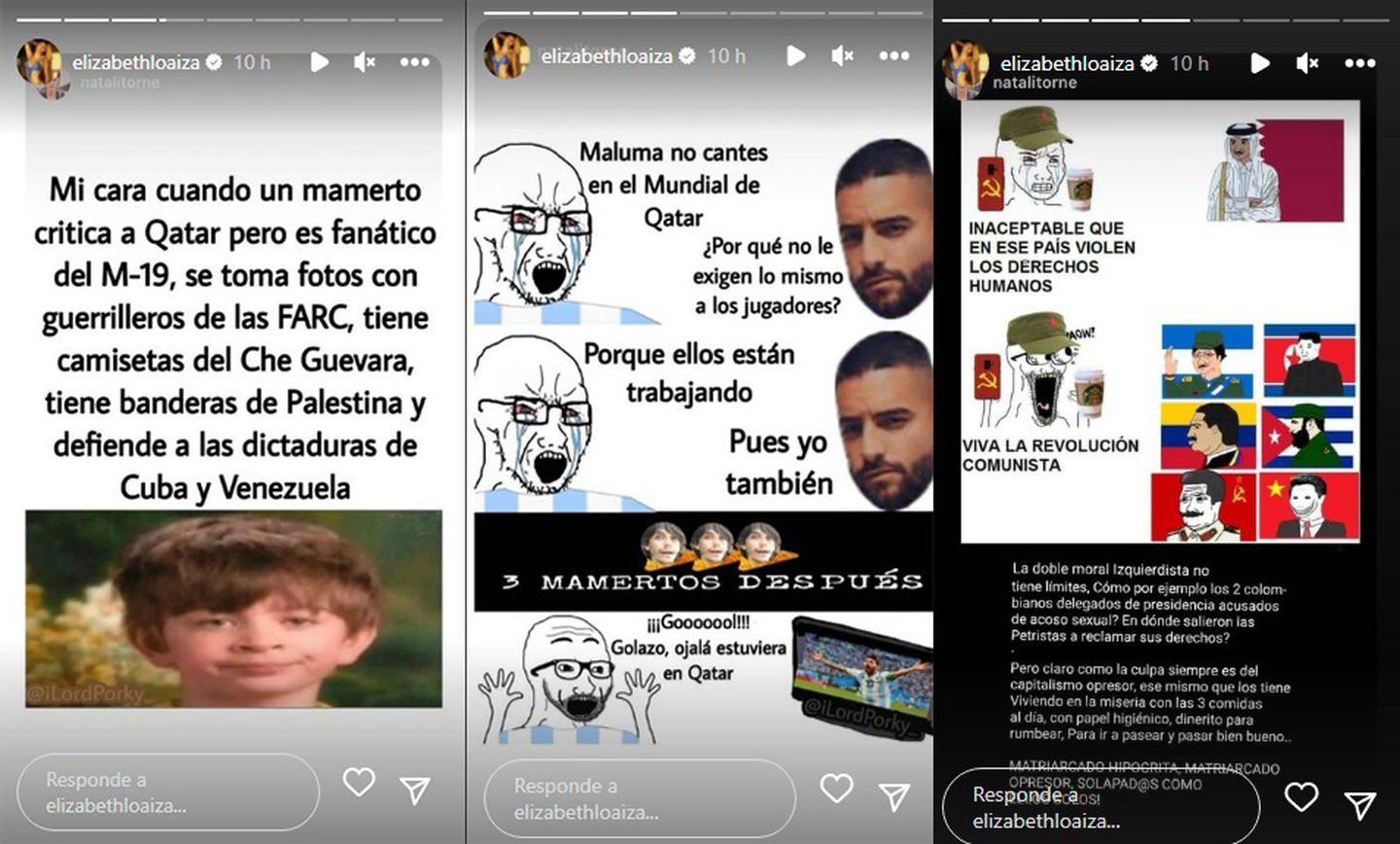 Elizabeth Loaiza compartió varios memes, dejando ver que apoya la decisión de Maluma de presentarse en Catar