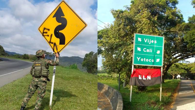 Miembros del Ejército quitando carteles del Eln en vías del Valle del Cauca