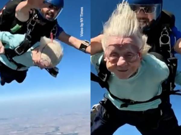 Valiente abuelita de 104 años venció sus miedos y se lanzó de paracaídas para romper un récord 