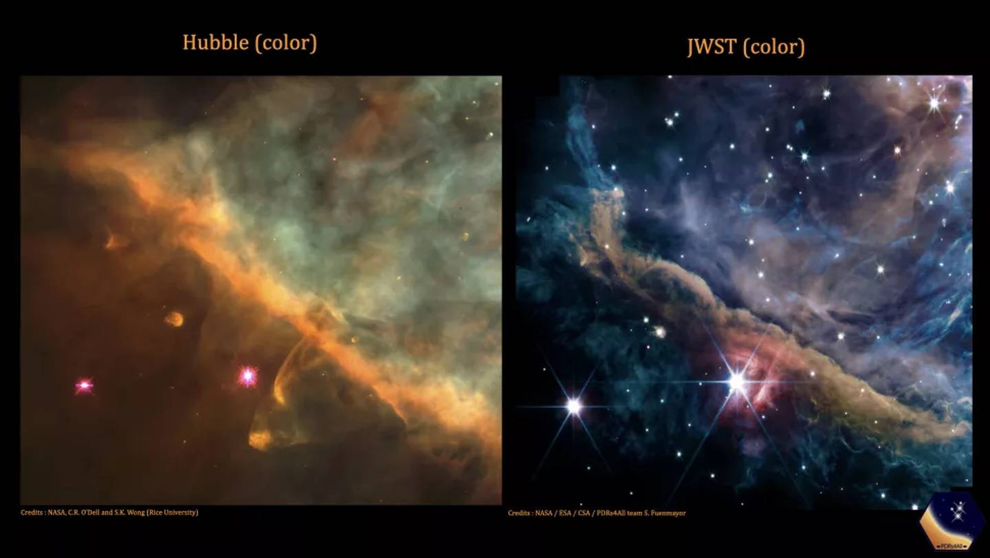 Una imagen de la Nebulosa de Orión capturada por el telescopio Hubble a la derecha y otra por el James Webb a la izquierda