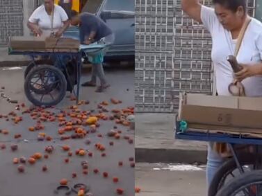 Porque le debía dinero, mujer fue grabada tirando las frutas al piso de un vendedor ambulante