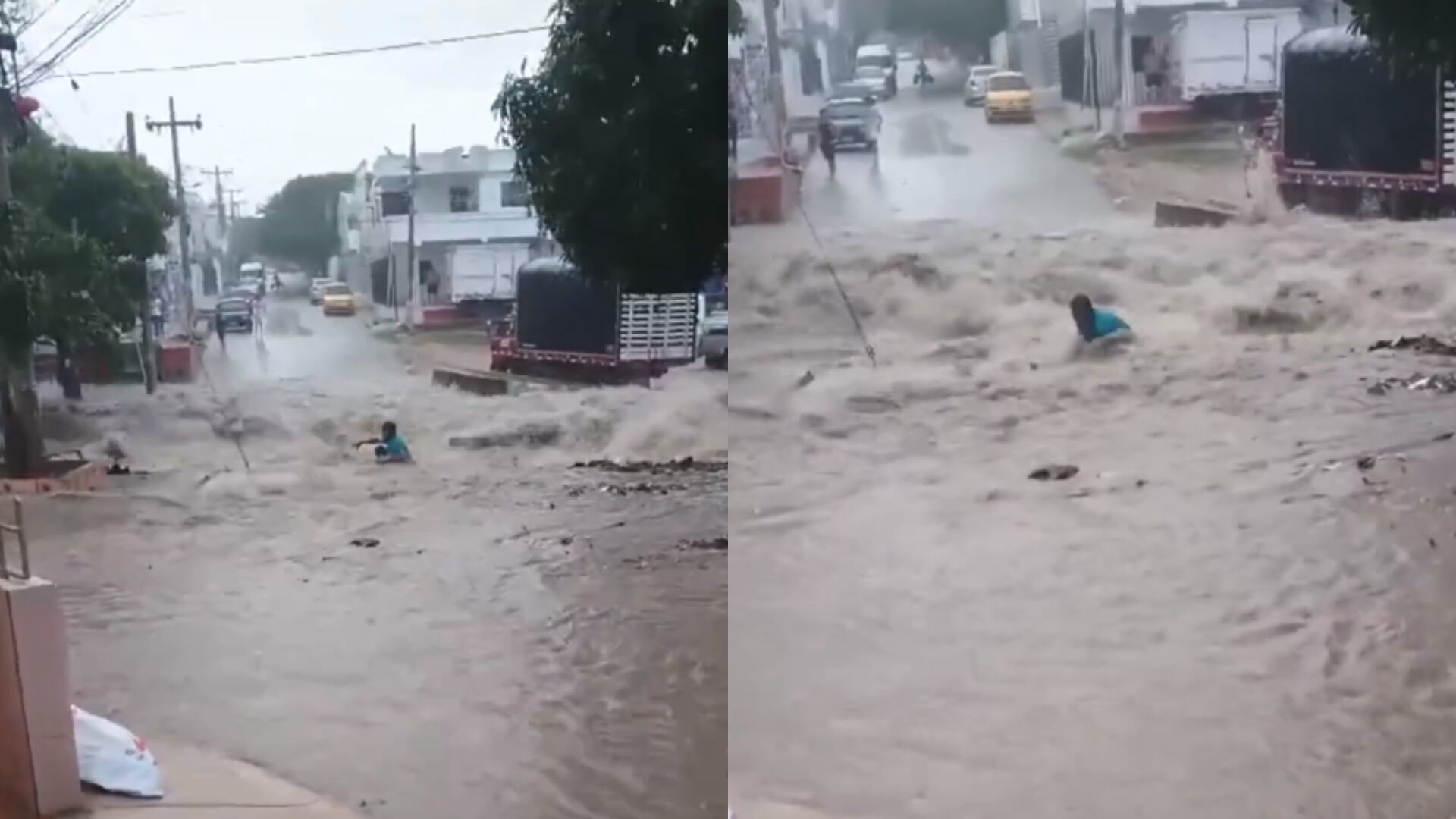 Debido a las fuertes lluvias, en Soledad, Atlántico, un hombre desaparece cuando se lo lleva la corriete.