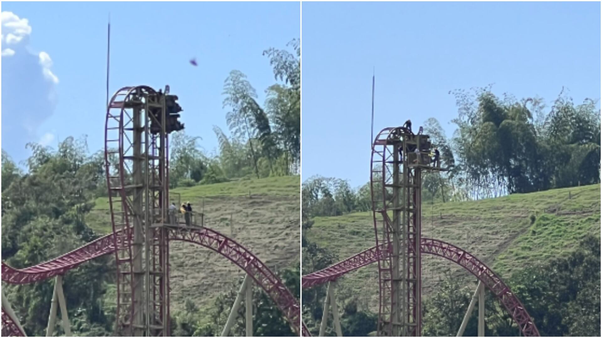 Experiencia extrema: turistas terminaron varados en una montaña rusa en el Parque del Café sobre casi 30 metros de alto (Tomada de @SLondono00)