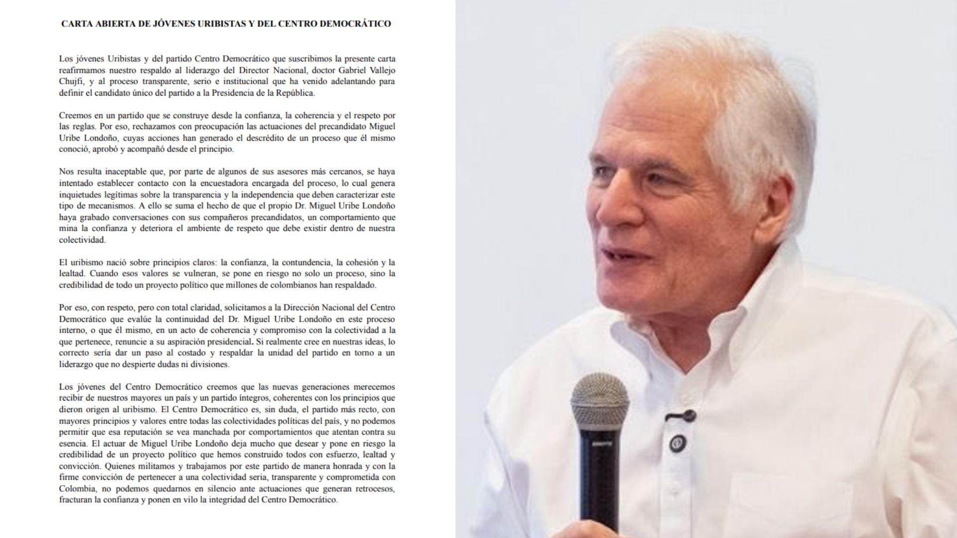 Carta de jóvenes uribistas a Miguel Uribe