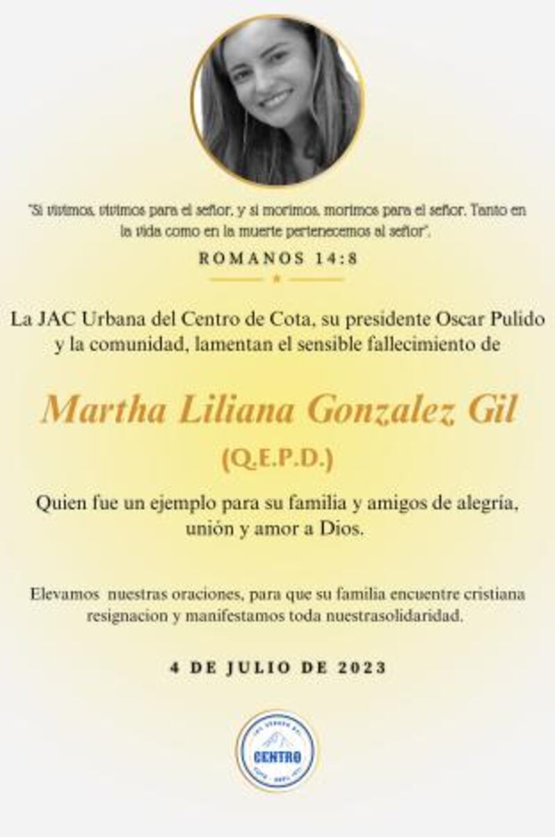 Mensaje de condolencias a médica fallecida en Bogotá.