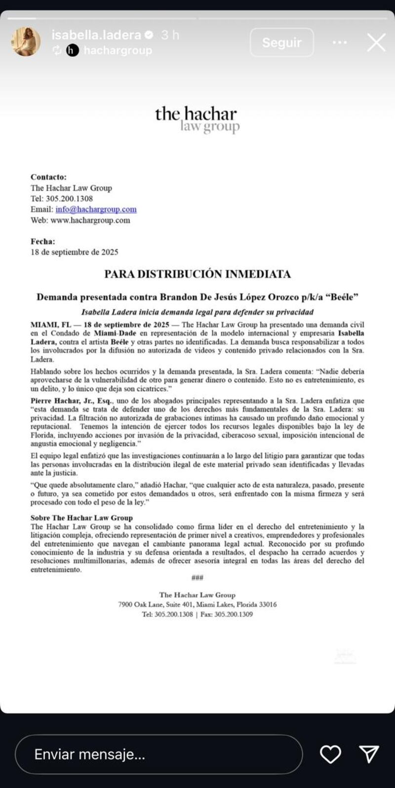 Isabella Ladera confirma demanda contra Beéle