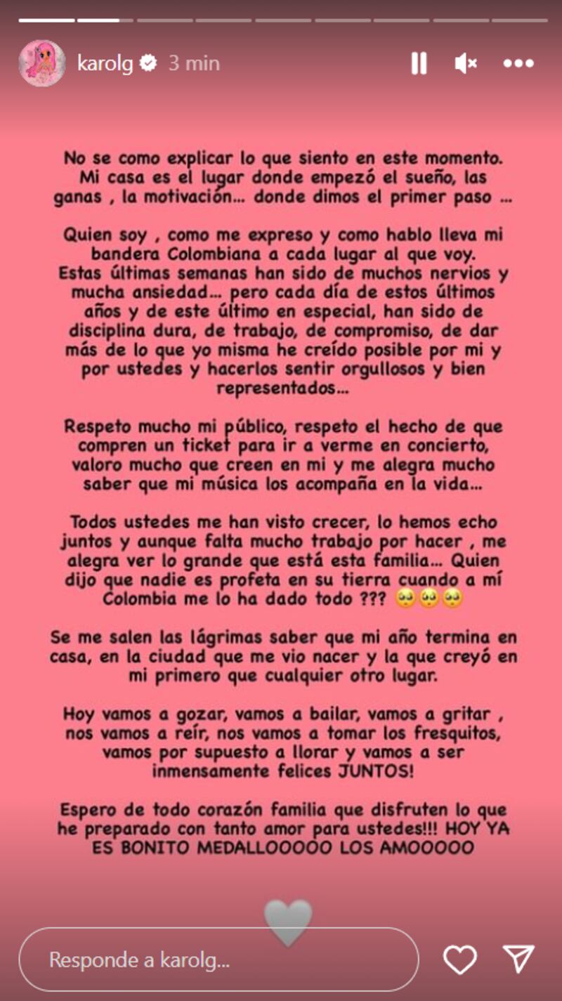 Karol G conmovió a sus seguidores con emotivo mensaje a horas de iniciar el 'Mañana Será Bonito Fest', en Medellín.