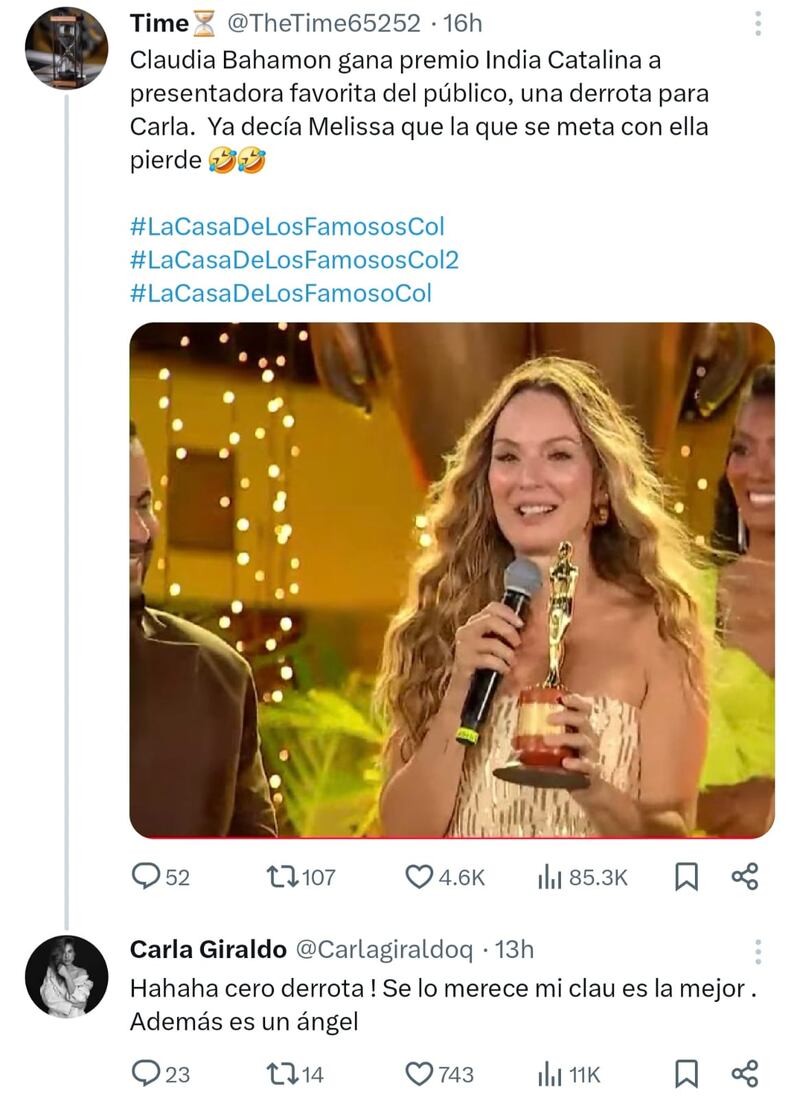 Carla Giraldo le responde a usuario de X al compararla con otra presentadora de televisión