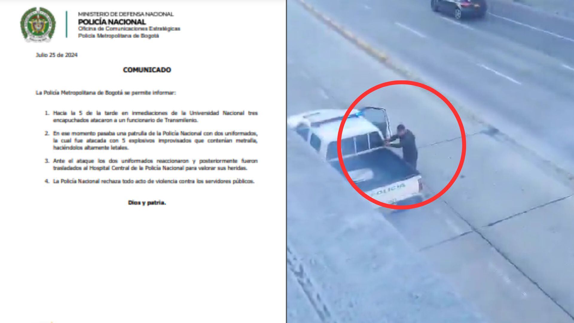 Disparos contra encapuchados en la Universidad Nacional.