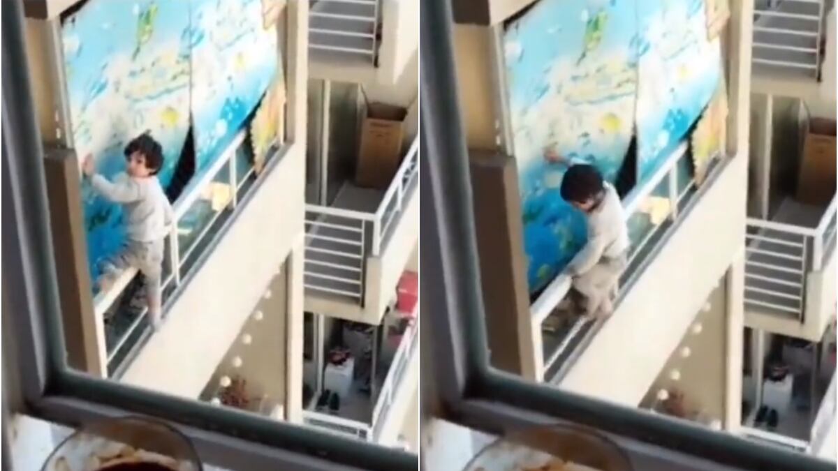 ¡Qué susto! Graban a un bebé jugando en la baranda del balcón de un piso 21