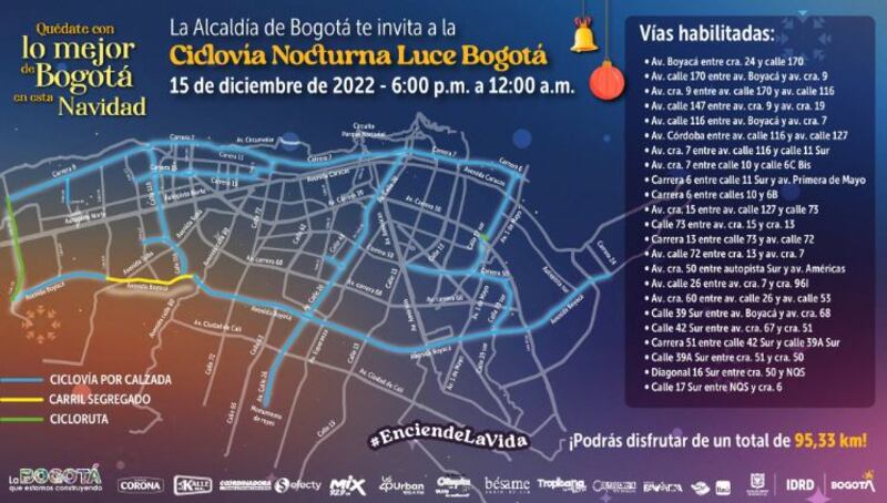 Rutas ciclovía nocturna 15 diciembre 2022 Bogotá