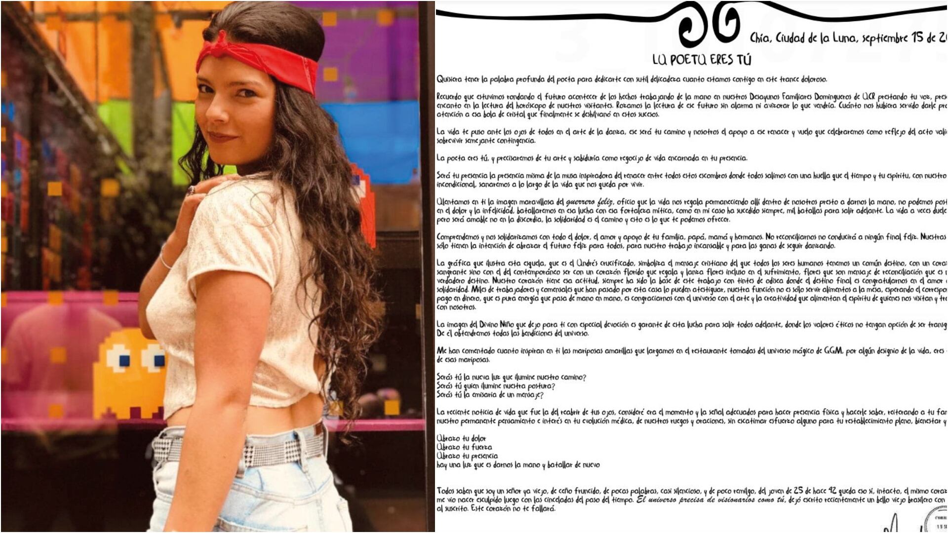 La carta que escribió Andrés Carne de Res a Laura Villamil (Foto: redes de Laura Villamil y foto de la carta de Andrés Jaramillo recuperada por El Tiempo)