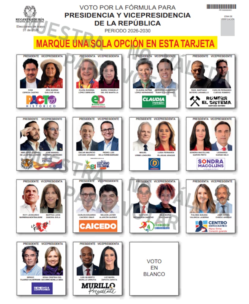 Tarjetón para las elecciones presidenciales.