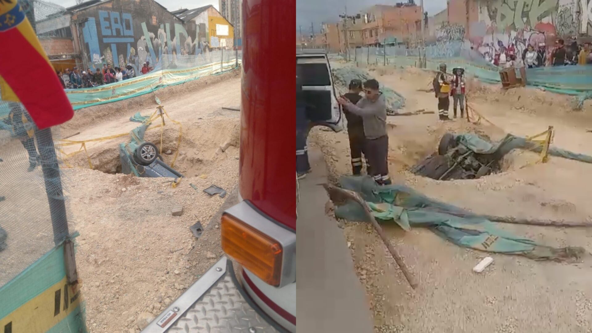 Un carro se terminó volcado tras caer en un hueco de una vía en Bogotá.