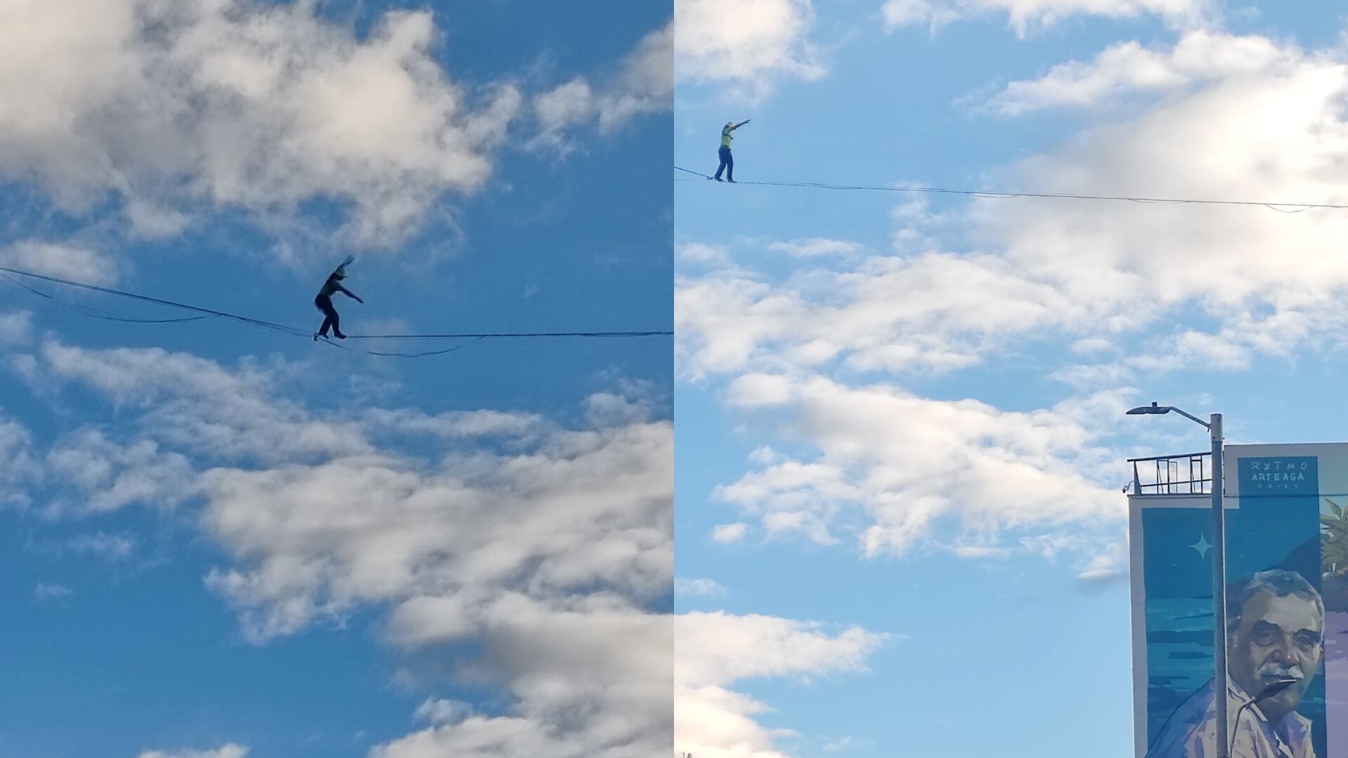 Mujer fue captada pasando cuerda floja