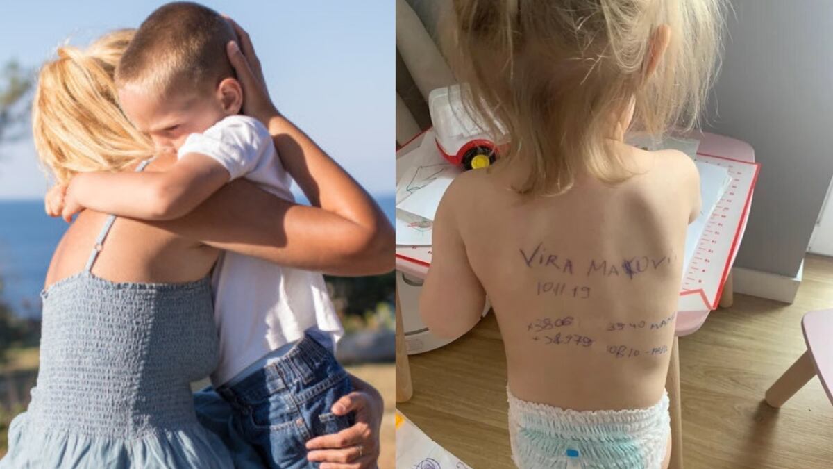 Madres en Ucrania escriben datos de las familias en sus hijos