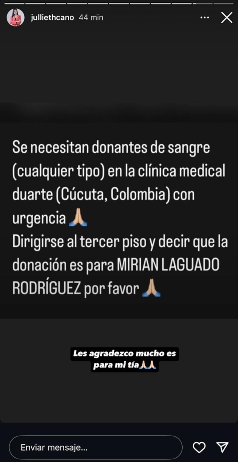 Julieth Cano, experiodista de Noticias Caracol, pidió donaciones de sangre para su tía
