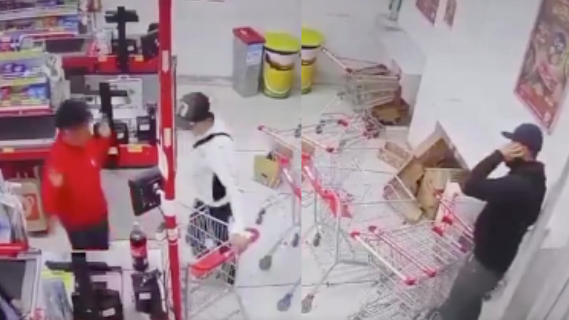 Dos delincuentes saquean tres cajas registradoras de una tienda D1 en la localidad de Fontibón.