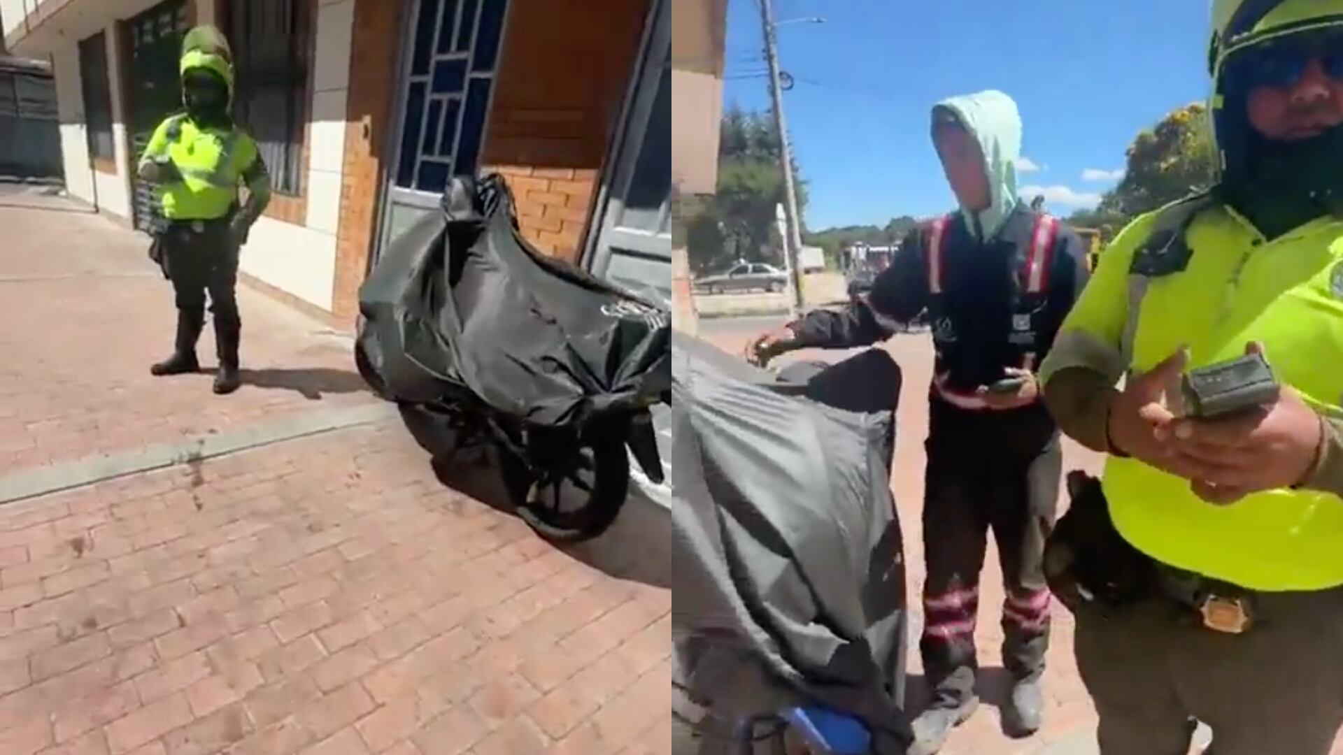 Policía de tránsito impone un comparendo a un ciudadano por parquear en el andén de su casa.