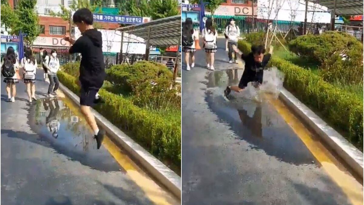 Joven terminó de cara en un charco al querer imitar el festejo de Cristiano Ronaldo