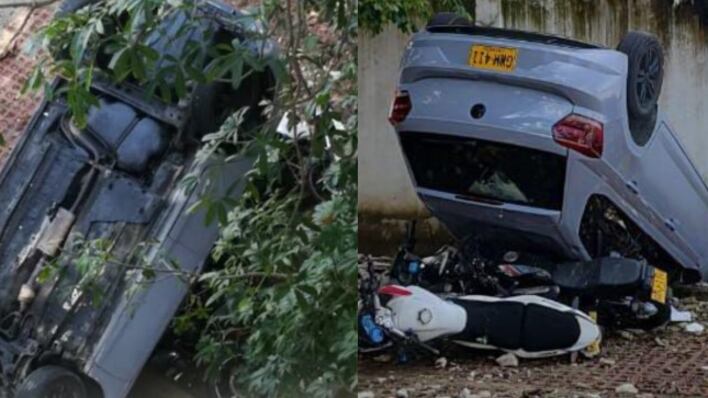 Carro cayó de un piso 3 al parqueadero del Comando de Policía de Manga.