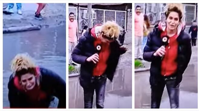 Captura video de la caída de la periodista Giuliana Salguero.