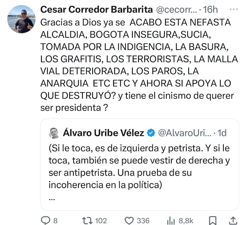 César Corredor 'Barbarita' se fue en contra de Claudia López