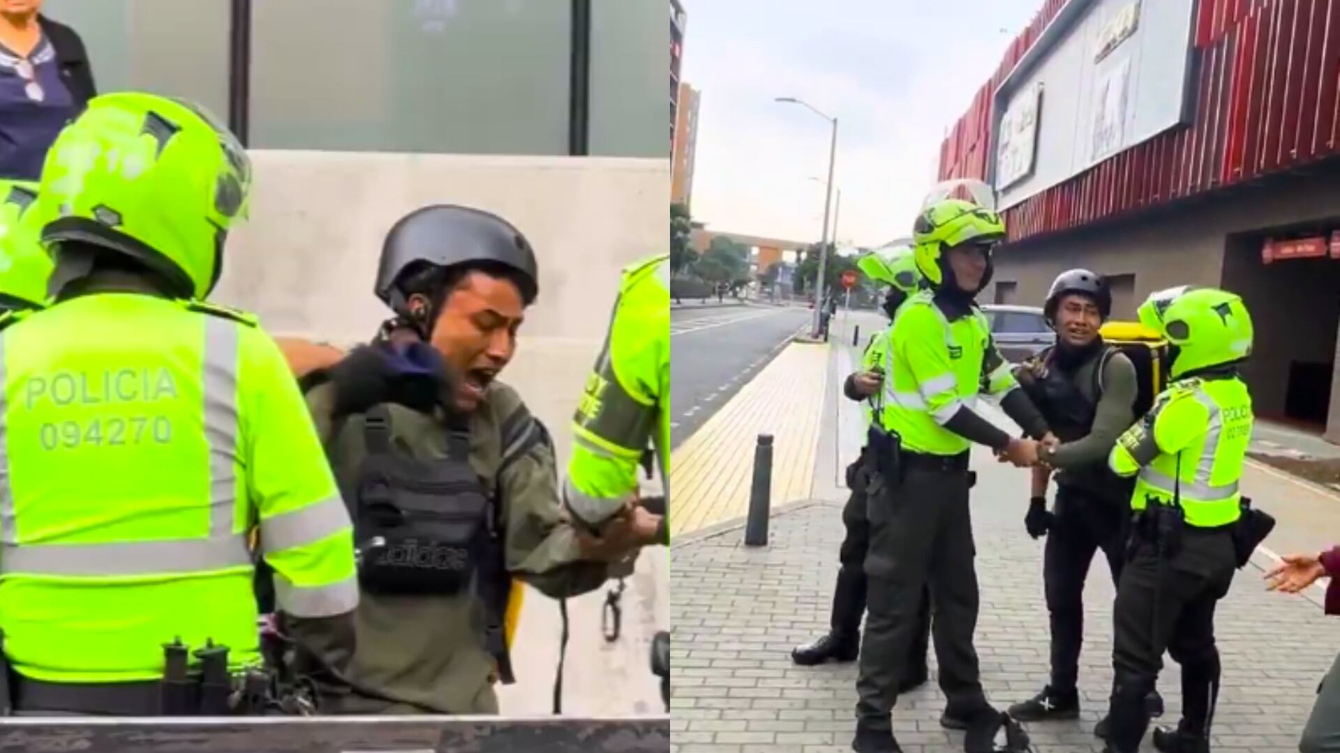En la imagen se muestra como tres policías detienen a un joven domiciliario para inmovilizarle su ciclomotor (Febrero 5 de 2025)