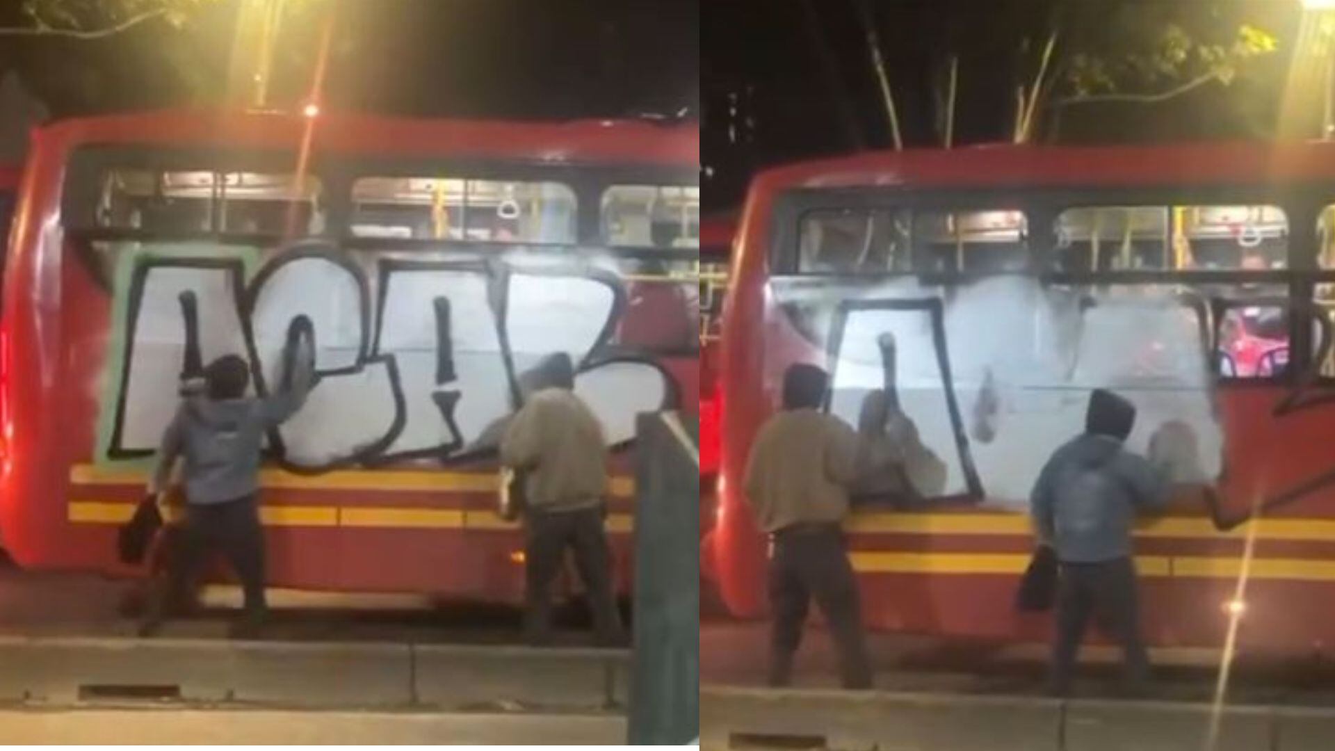 Indignación por dos jóvenes que en menos de un minuto hicieron un grafiti a un Transmilenio en plena operación