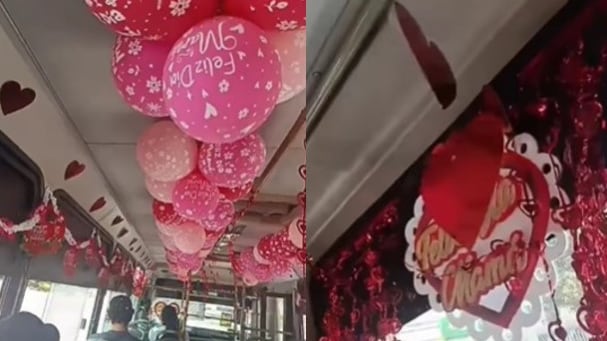 Foto conductor decoró su bus con globos y corazones para celebrar el Día de la Madre en Barranquilla.