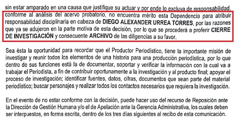 Cierre de investigación contra el productor Diego Urréa en canal Caracol.