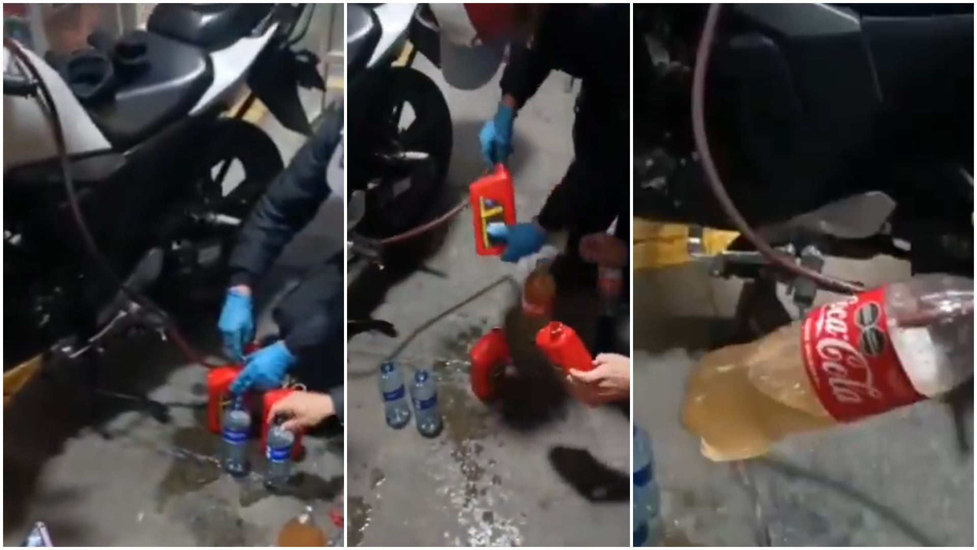 “Parece limonada”: Moteros alertaron que una estación de gasolina vende combustible mezclado con agua en Bogotá (Imagen tomada de redes sociales) Se ve como los motociclistas sacan el combustible de sus vehículos y este líquido es acuoso