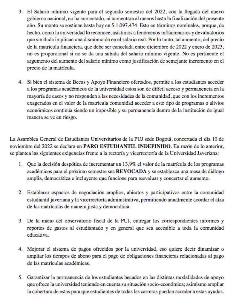 Comunicado estudiantes U. Javeriana - paro indefinido