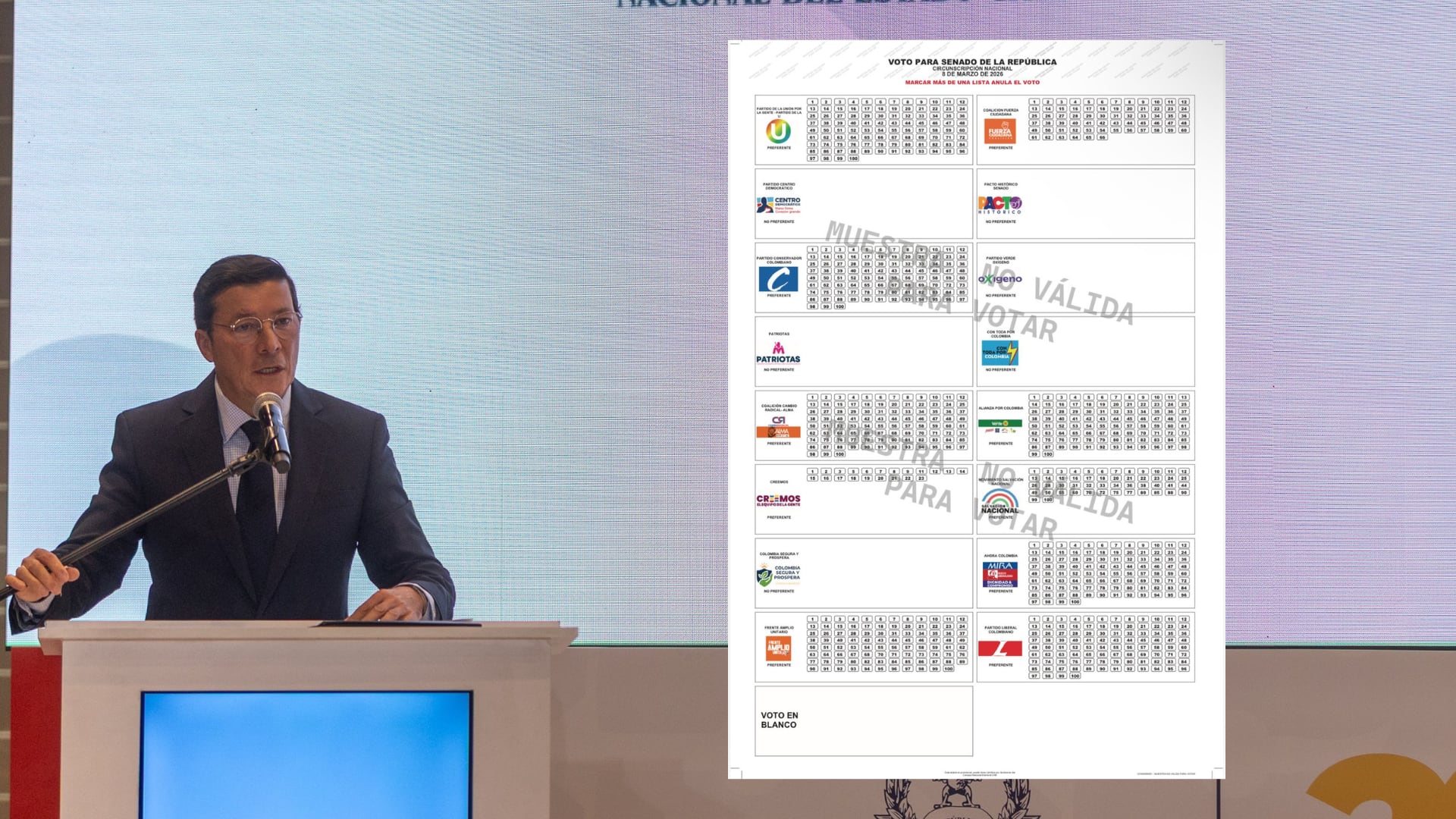 Registrador nacional y tarjeton de candidatos al senado para elecciones legislativas de 2026.