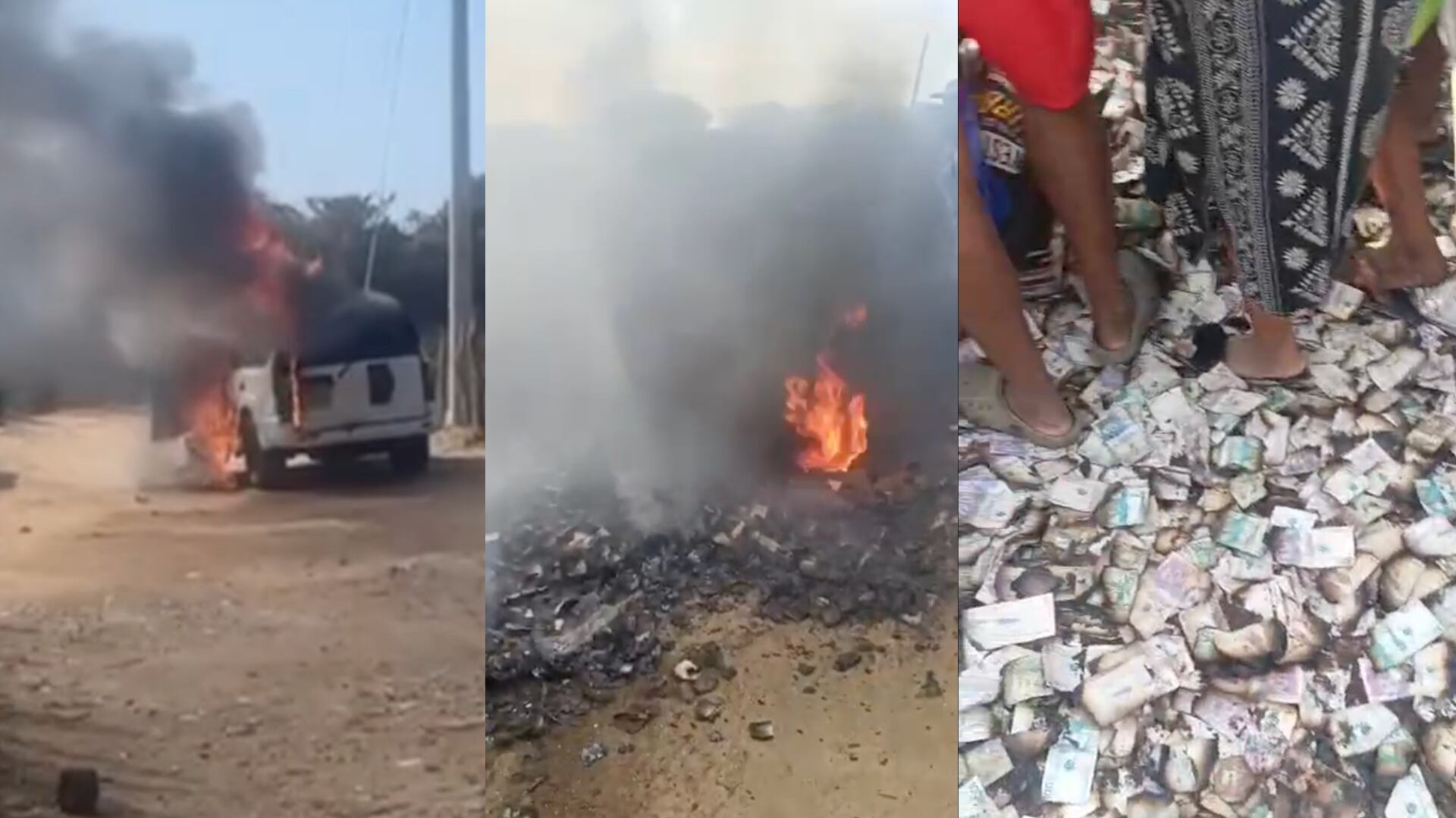 Abandonaron y quemaron billetes robados a carro de valores en el aeropuerto de Rioacha (Redes sociales)