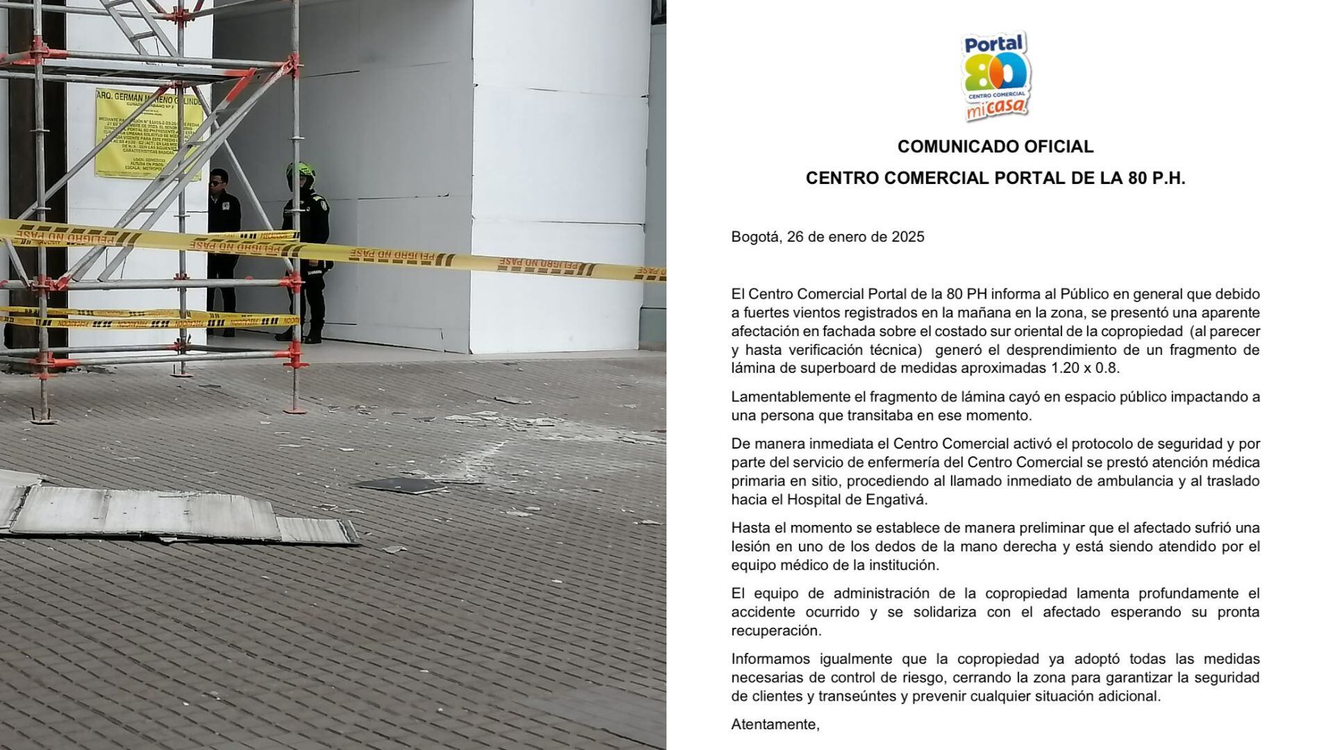 Centro comercial Portal 80 reconoció que un hombre resultó herido por caída de una lámina