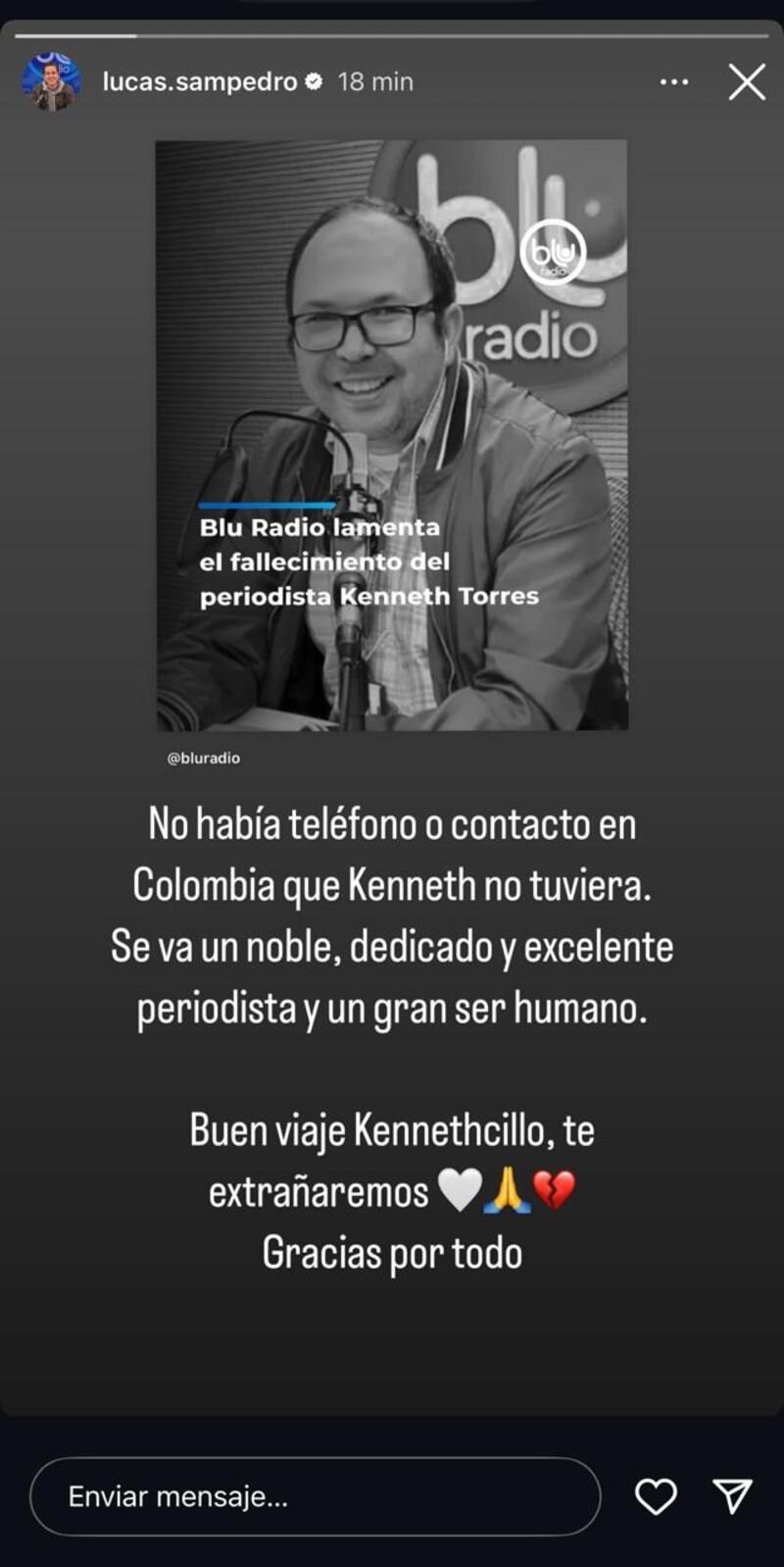 Lucas Sampedro, hijastro de Catalina Gómez lamentó el fallecimiento del periodista de Blu Radio, Kennet Torres