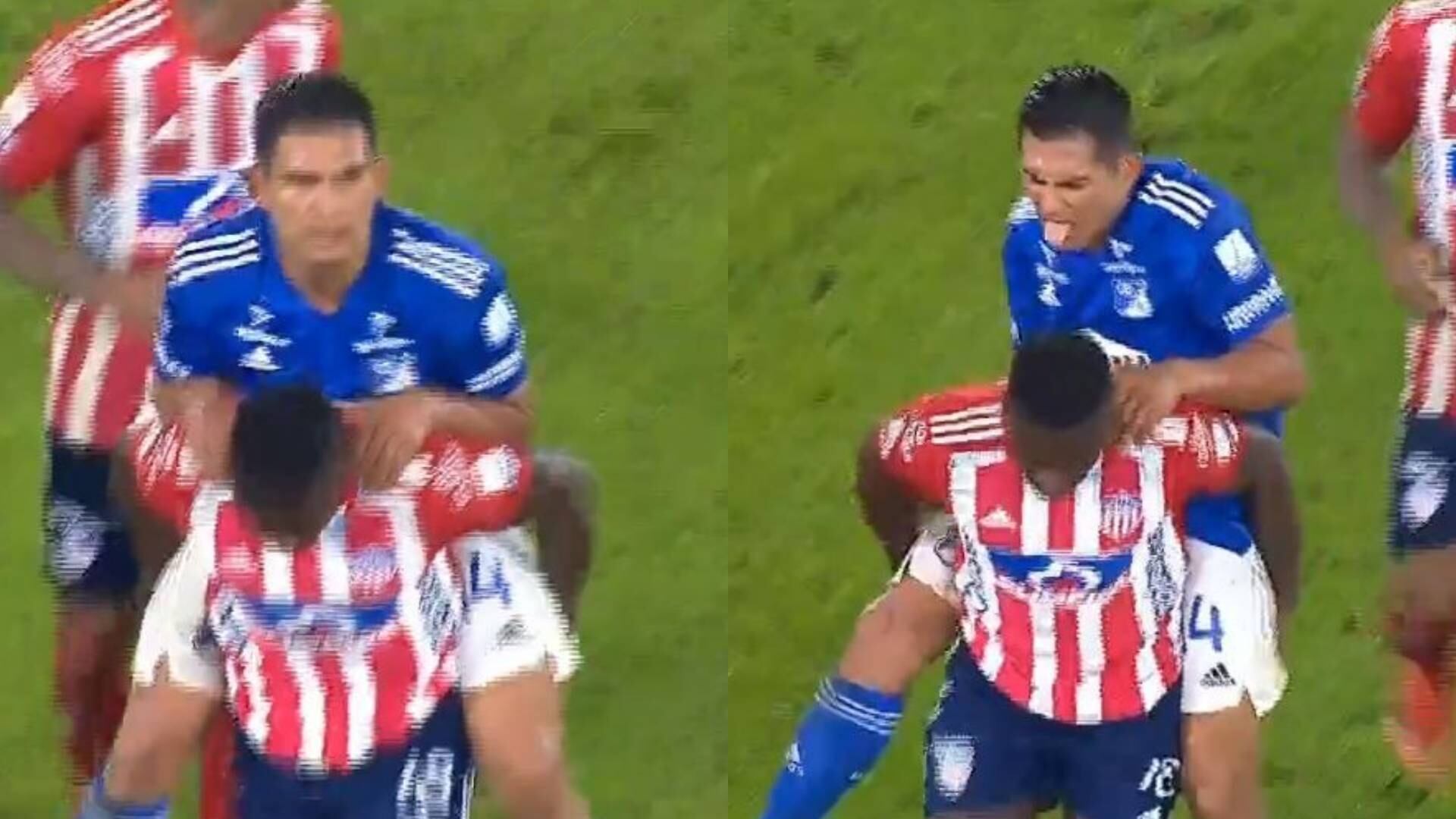 Edwuin Cetré cargó a Mackalister Silva para sacarlo del campo en Millonarios vs. Junior