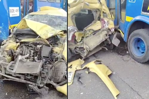 Video del brutal accidente en el que estuvieron involucrados un SITP y un taxi que quedó en “pérdida total”