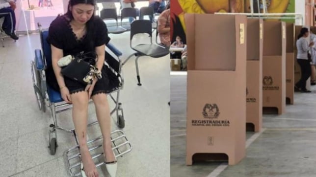 Foto accidente en puesto de votación de Barranquilla: mujer resultó herida tras romperse el piso de un cubículo.